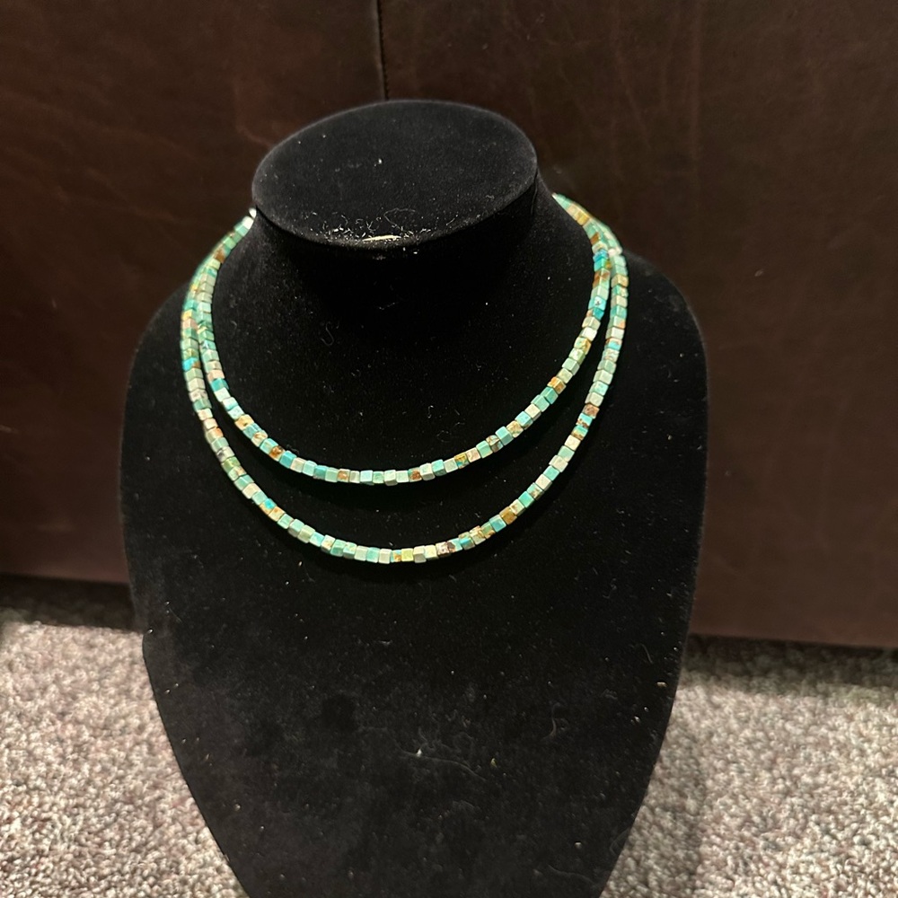 Hand Crafted Chic Turquoise Double Strand Necklace with Sterling Silver Cones.